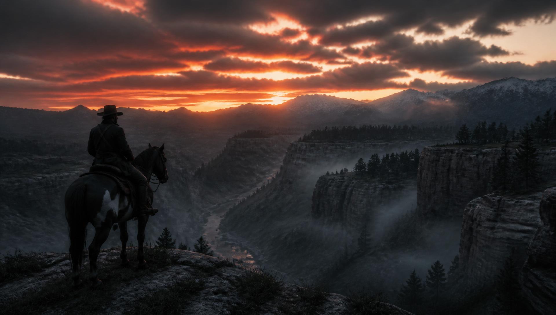 A lone rider on horseback overlooking a vast canyon at dusk