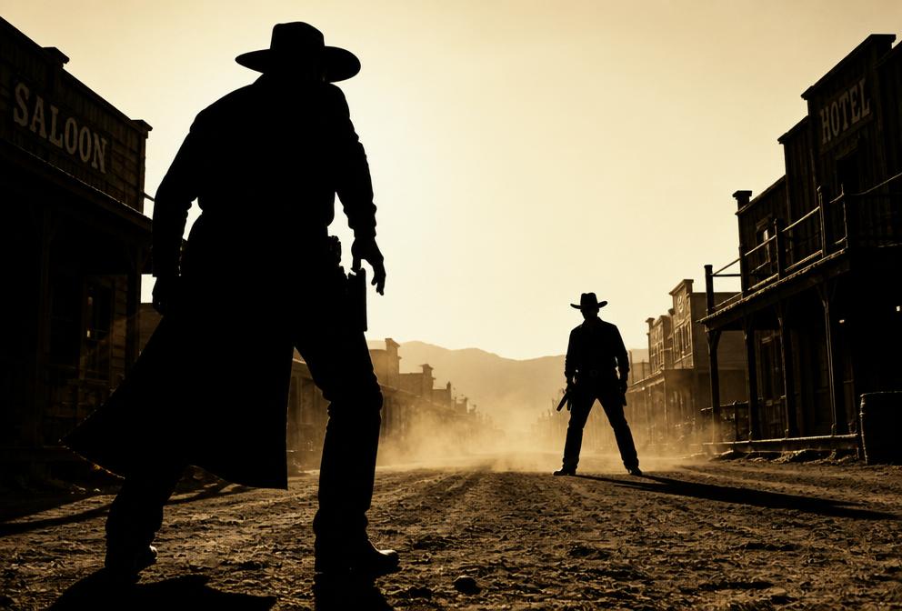 High contrast silhouette of two outlaws in a quick-draw duel in a dusty town street