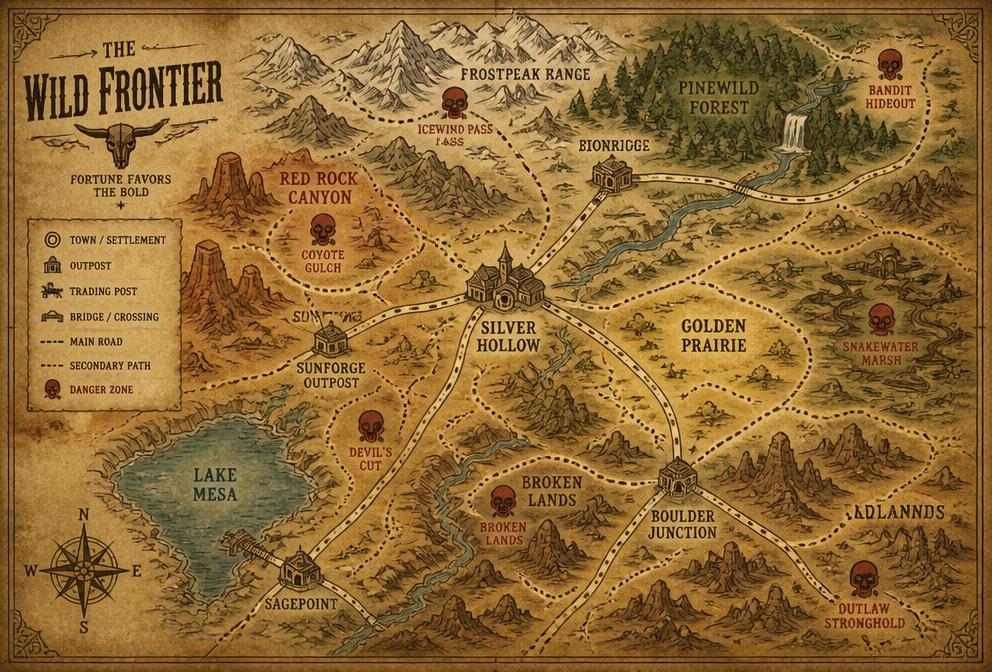 Stylized map of the Wild Frontier with branching paths and skull danger zones