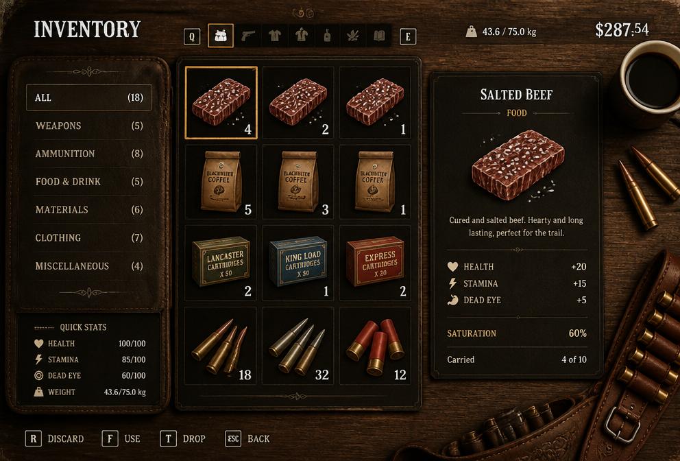 Detailed inventory UI showing salted meat, coffee, and ammunition on a wooden table